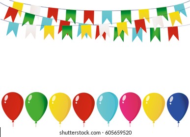 Colorful oatmeal on a rope with balloons. Garland of flags. Greeting card or birthday invitation. Empty space for text or your advertisement