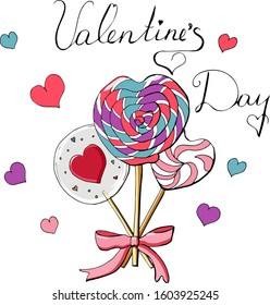 Colorful objects isolated on white backround. Сard for
Valentine's Day contains lettering, candy canes, hearts 