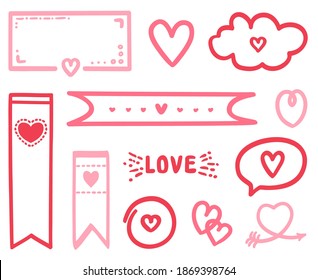 Colorful objects on isolated white background. Hand drawn abstract elements for design. Line art creation. Colored illustration. Holiday elements for poster or flyer. Valentine's day