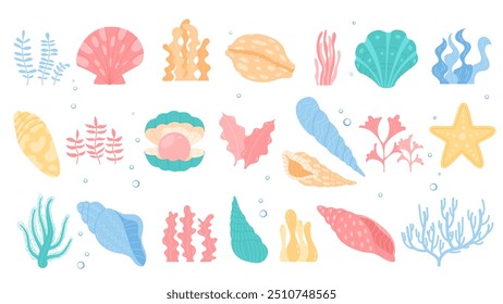 Coloridos animales marinos y flora marina. Conchas de dibujos animados subacuáticos, algas marinas, conjunto de vida de arrecife de algas. Acuario del océano con estrella de mar, Elementos de Vector aislados en blanco.