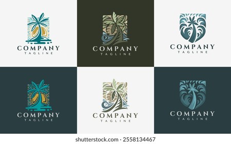 Colorful ocean beach palm tree logo set