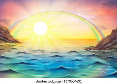 Colorful ocean beach sunrise with rainbow and sun rays background