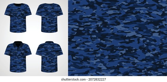Colorful ocean camouflage template design for t-shirt or collar shirt. Sports uniform with front and back model. 