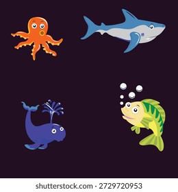 Colorful ocean creatures including octopus, shark, whale, and fish in a vibrant underwater scene viewed from above.