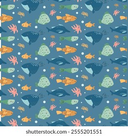 Colorful ocean creatures pattern with whales, fish, and sea plants.