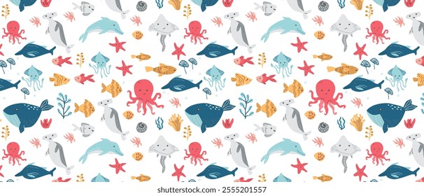 Colorful ocean creatures pattern with whales, dolphins, and octopuses.