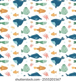 Colorful ocean creatures pattern with whales, fish, and coral reefs.