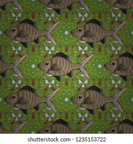 Colorful ocean design. Underwater vector abstract background, tropical sea fish seamless pattern with exotic fish in beige, brown and green colors.