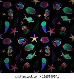 Colorful ocean design. Underwater vector abstract background, tropical sea fish seamless pattern with exotic fish in green, black and red colors.