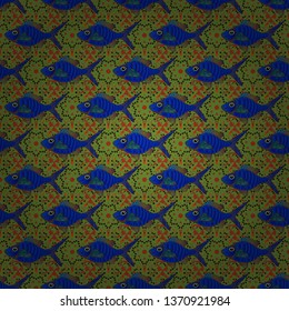 Colorful ocean design. Underwater vector abstract background, tropical sea fish seamless pattern with exotic fish in brown, green and blue colors.