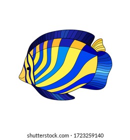 Colorful ocean fish with blue and yellow stripes on white isolated background. Underwater cartoon illustration.