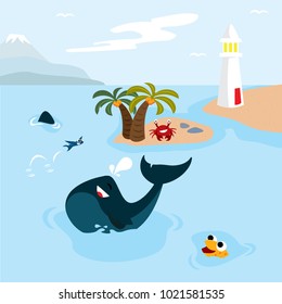 colorful ocean life cartoon vector illustration, kids coloring book, isolated images