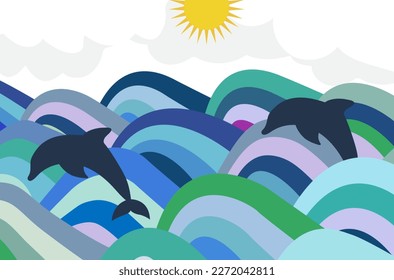 Colorful ocean texture pattern background art with dolphins illustration vector