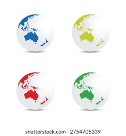 Colorful Oceania Globe Set Featuring Australia, New Zealand and Pacific Region – Modern Vector Maps for Travel, Education and Global Design Projects. This graphic set features four modern globes highlighting Australia, New Zealand, Southeast Asia and the Pacific region in distinct color themes: blue, yellow‑green, red and green. The clean white oceans and bold landmass colors create a fresh, contemporary geographic style suitable for travel materials, educational content, environmental projects, presentations or global‑themed designs. Its consistent layout, vibrant palette and clear regional focus offer strong commercial appeal for designers seeking versatile Oceania‑centered map graphics.