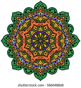 Colorful octagonal mandala. Colorized graphic rosette. The symmetrical pattern in a circle. Illustration for meditation.