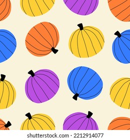 Colorful October pumpkins hand drawn vector illustration.Vegetable seamless pattern for Halloween wallpaper, home decor or fabric.