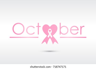 Colorful october text with heart and ribbon design for breast cancer prevention in october. Vector illustration of supporting and solidarity for women.