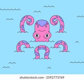 A colorful octopus emerging from the water cartoon illustration vector 