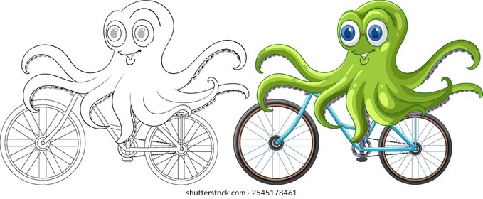 Colorful octopus happily cycling on a blue bike
