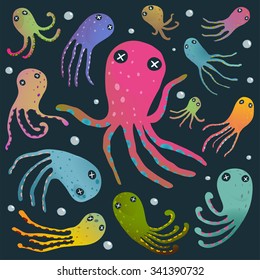 Colorful Octopus Isolated on Black Cartoon Clip Art Collection. Under the sea marine life cute cartoon illustration on dark. Vector EPS10. 