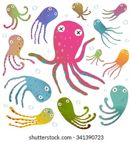 Colorful Octopus Isolated on White Cartoon Clip Art Collection. Under the sea marine life cute cartoon illustration. Vector EPS10. 