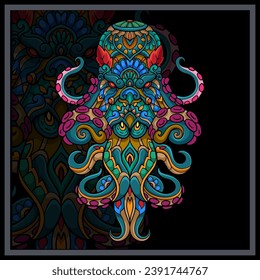 Colorful Octopus kraken mandala arts isolated on black background
