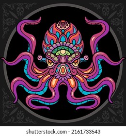 Colorful octopus kraken zentangle arts. isolated on black background.