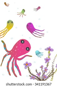 Colorful Octopus on White Cartoon Greeting Card Design. Under the sea marine life cute cartoon illustration. Vector EPS10. 