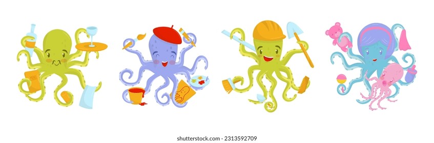 Colorful Octopus Sea Animal Showing Different Profession Vector Set