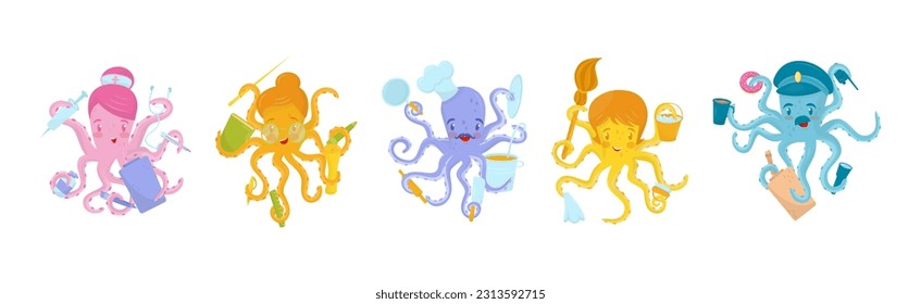Colorful Octopus Sea Animal Showing Different Profession Vector Set