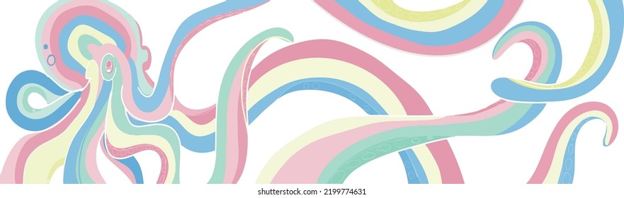 Colorful octopus, tentacles blue, yelow, green and pink, original vector illustration, mural design 