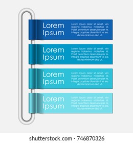 Colorful office flag banner style four step infographic chart with chrome handle. Illustration of a modern style info chart template with blue colors and space for title and text.