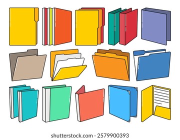 Colorful office folder collection illustration featuring various document holders, binders, and file organizers. Perfect for business, admin, and stationery designs. Ideal for office-related visuals