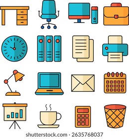 Colorful office icon set in flat style. Includes business elements like computer, desk, coffee cup, documents, charts, and office supplies. Ideal for apps, websites, presentations, infographics.