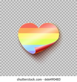 Colorful office paper sheet or heart sticker isolated on transparent background. LGBT, gay pride flag. Vector rainbow post note for your design.