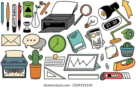 Colorful office stationary objects doodle vector illustration. Set of business communication tools and work.