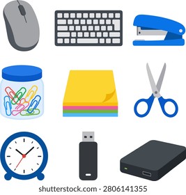 Colorful office stationery and computer work accessories icon collection featuring keyboard mouse stapler sticky notes scissors alarm clock flash drive and storage device for workspace design