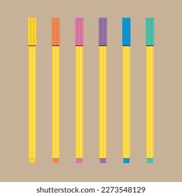 Colorful Office Supplies. Multicolor Ink School Fine Point pens with a cap. Closed Markers icons. Part of a Set
