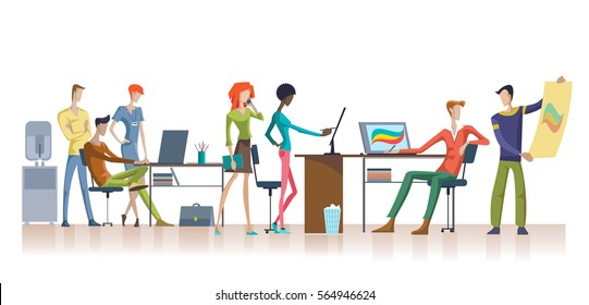 Colorful office teamwork template with faceless people group working on new project in design studio vector illustration