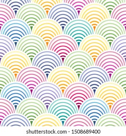 Colorful Ogee Drop seamless background. Tibetan scallop tile ornament in colors. Abstract fish scale shapes repeatable pattern. Repeat fashion design. Vector illustration.