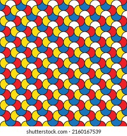 Colorful ogee-shaped interlaced pattern on red, yellow and blue background. Black strokes interlocking pattern on red, yellow and blue backdrop.