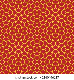 Colorful ogee-shaped interlaced pattern on red background. Yellow stroke interlocking pattern on red backdrop.