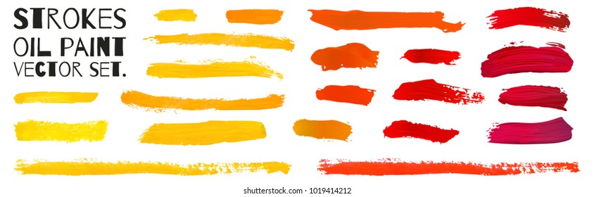 Colorful oil paint brush strokes. Pink, red, orange and yellow tints. Isolated spots on white background.