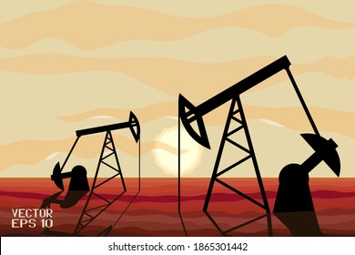 Colorful Oil Rocking Chair. Silhouette of Pump Oil Rig Isolated on Background of Desert. Vector. 3D Illustration