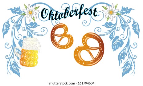 Colorful oktoberfest decoration with beer and pretzel