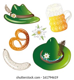 Colorful oktoberfest design elements, hats, beer and food