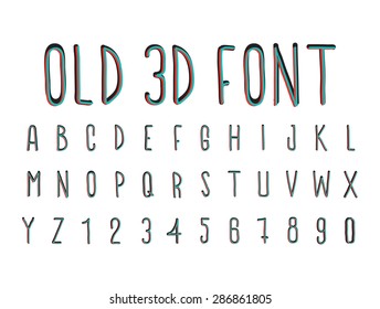 Colorful old 3D font, handwritten vector illustration, blue, red, black
