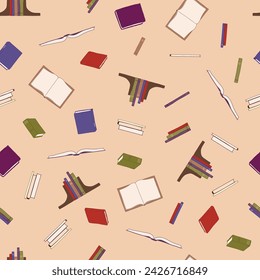 Colorful old books between bookends, open, piled, and stacked are scattered across a peach background creating a vector seamless repeat pattern design.