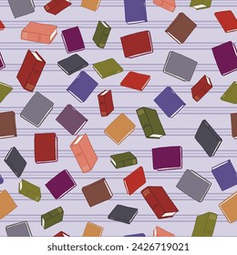 Colorful old books in red, yellow, blue, purple, peach, gray, and orange scattered on a lavender background with horizontal stripes creating a vector seamless repeat pattern design.