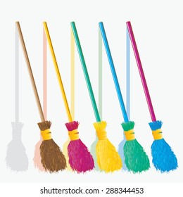 Colorful old brooms isolated on white with shadows isolated. Witch's broomstick. Besom. Vector, illustration.